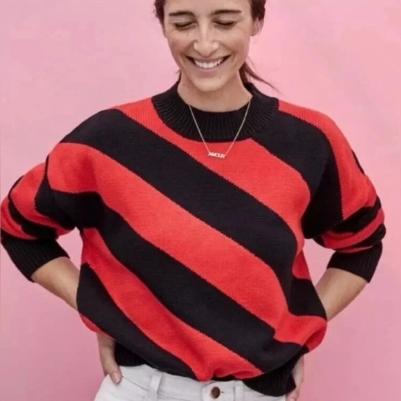 Clare V Women’s Drop Shoulder Striped Red Cotton Cashmere Knit Sweater 0010105 - Picture 1 of 9